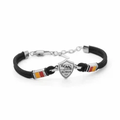 AS Roma Jewellery*Bracelet with central plaque logo in hypoallergenic steel and adjustable fabric cord black
